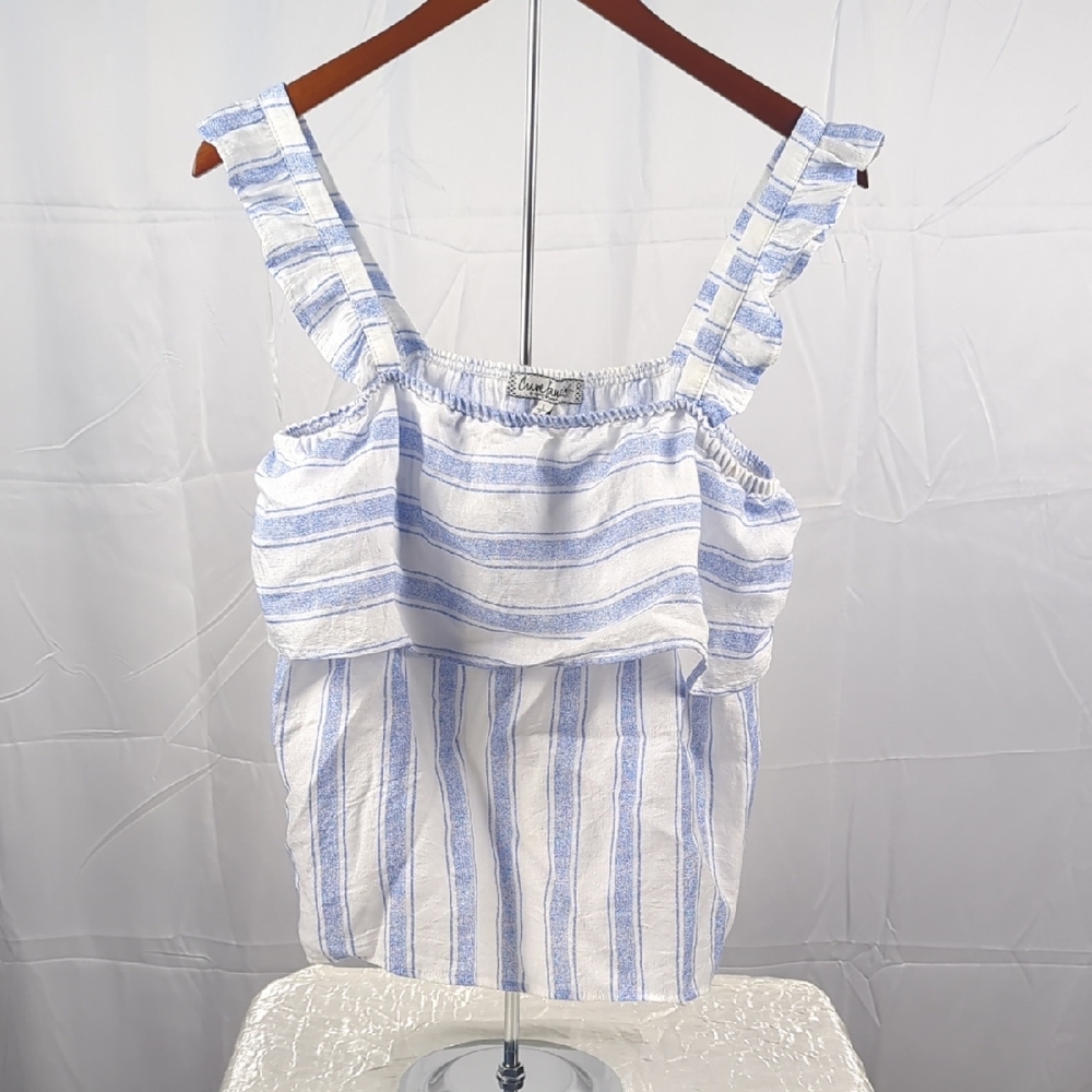 Crown & Ivy Ruffled Blue and White Top